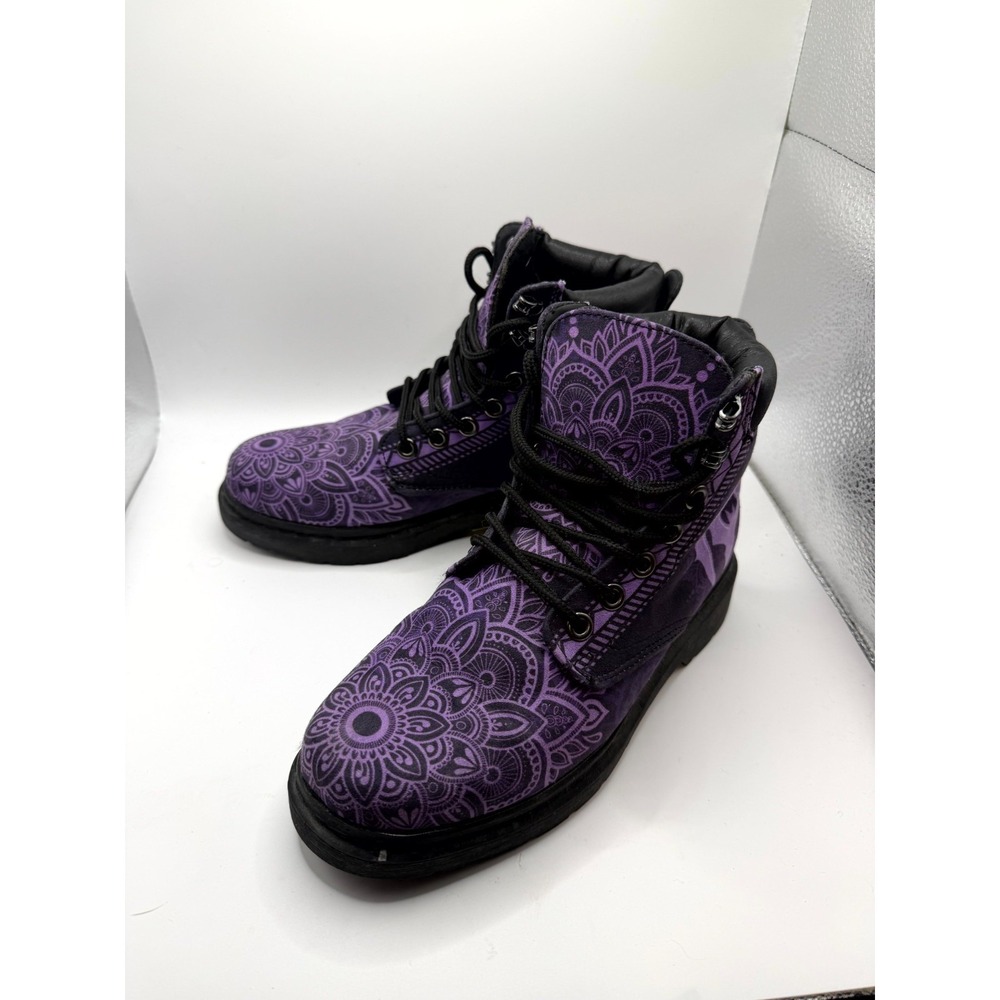 Womens 6.5 Wide Combat Purple Mandala Bat Print Ankle Round Toe Lace Up Boot